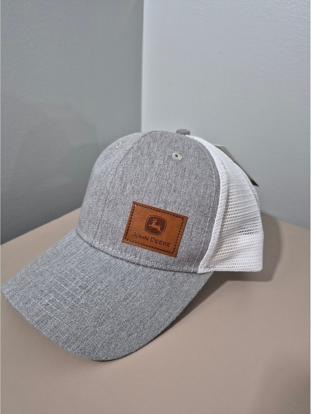 John Deere Gray White Mesh Trucker Hat NWT Leather Patch